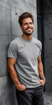 Man in Grey T-Shirt Standing Against Concrete Wall photo