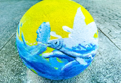 Playa del Carmen Quintana Roo Mexico 2022 Decorative stone rock cement balls on sidewalks Playa del Carmen. photo