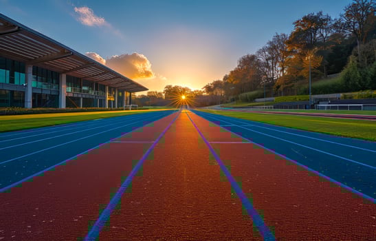 Running track and building with sunset in the background photo