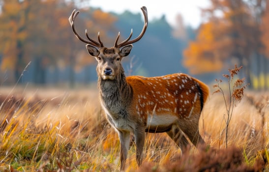 Fallow deer standing in field with orange autumn forest in the background photo