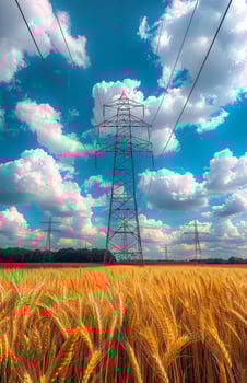Wheat field and power line on sunny day photo