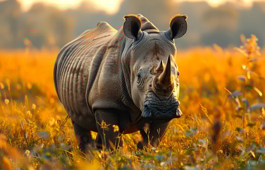 White rhino standing in the grass and looking at the camera. photo