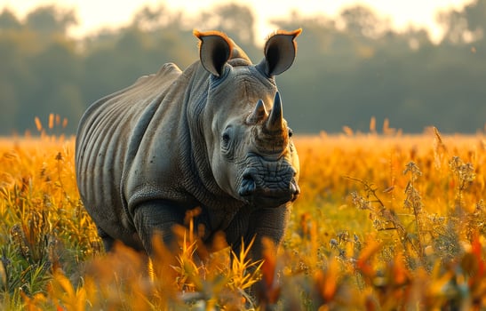 Rhino standing in field at sunset photo