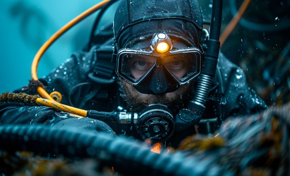 Scuba diver is underwater and looking at the camera. He is wearing full diving gear and head torch. photo
