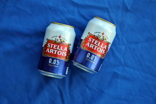 KYIV, UKRAINE - 4 MAY, 2023 Can of Stella Artois beer without alcohol and low in calories photo