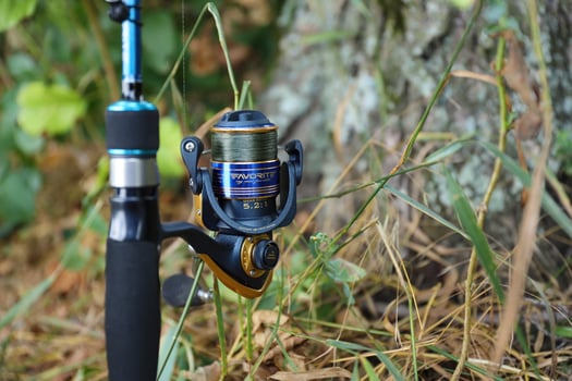 KYIV, UKRAINE - 4 MAY, 2023 Favorite Sapphire Fishing equipment close up. Favorite is international fishing goods manufacturer and dealer photo