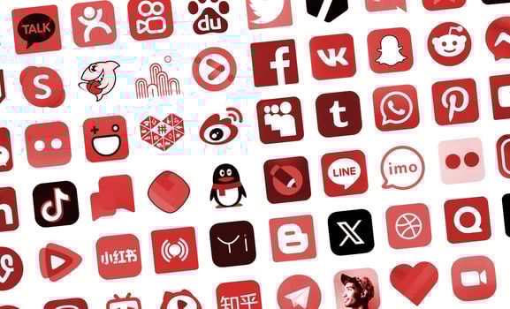 KYIV, UKRAINE - APRIL 1, 2024 Many icons of social media, messengers, sharing platforms photo