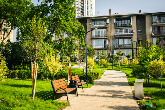 Tbilisi, Georgia - 1st june, 2024 - new green park area with paths and benches in Saburtalo district, Tbilisi photo