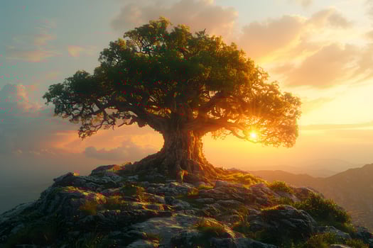 Serenity of Nature Majestic Tree against Breathtaking Sunrise on Rocky Hill - Perfect for Posters, Nature Photography, Wall Art photo