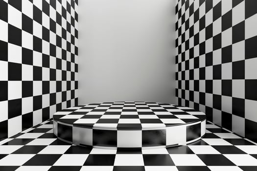 Black and white checkered room with a round 3d podium. photo