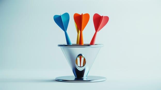 Colorful darts in a modern metal holder on a light background. Concept of dart sports, target practice, precision games, contemporary design photo