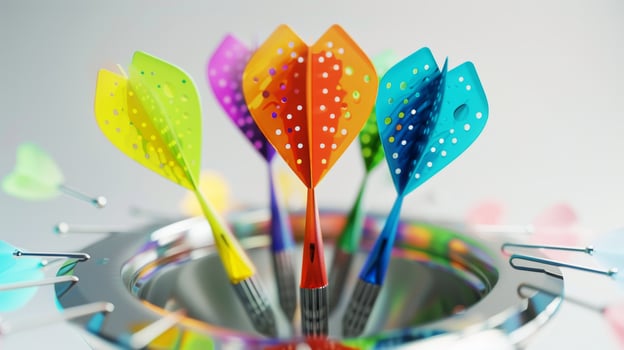 Colorful darts in a sparkling metallic dartboard. Concept of precision, target practice, recreational game, vibrant design photo