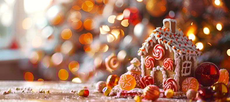 Festive gingerbread house with candy decorations and Christmas lights. Concept of holiday baking, festive dessert, Christmas decor, winter celebration. Banner. Copy space photo