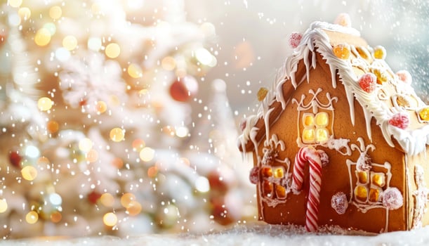 Festive gingerbread house with candy decorations in a winter wonderland. Concept of holiday treats, Christmas traditions, festive decor, seasonal sweets. Banner. Copy space photo
