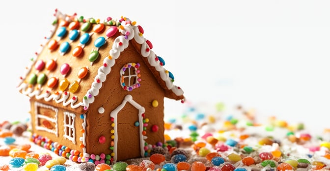 Colorful gingerbread house with candy decorations in a winter setting. Concept of holiday baking, festive treats, Christmas candy, and culinary creativity. White background photo