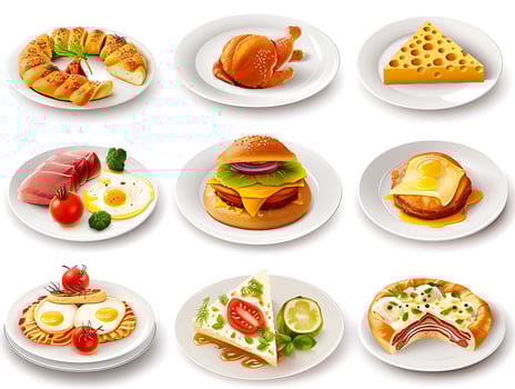 Various plates of food on a white background photo