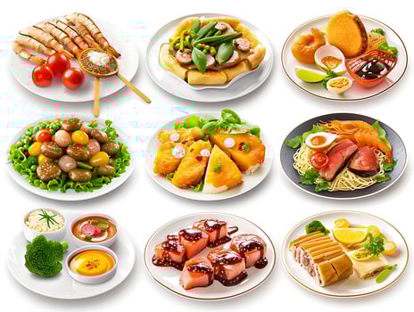 Various plates of food on a white background photo