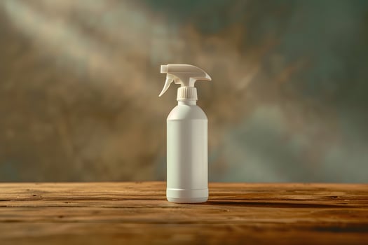 A close up of a spray bottle on a wooden table photo
