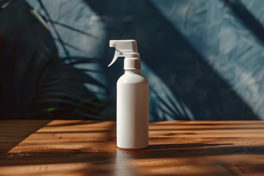 A white spray bottle on a wooden table photo