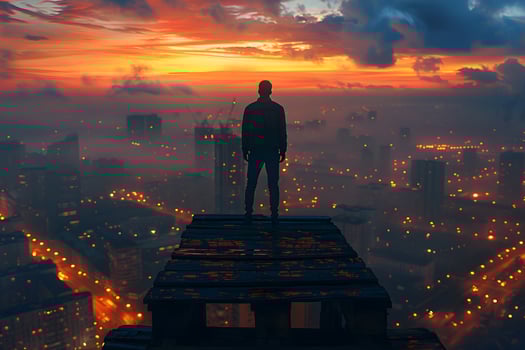 Man standing on platform overlooking city night view photo