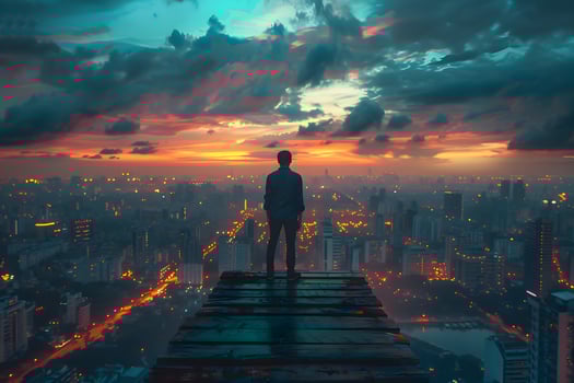 A man standing on a ledge viewing the city at sunset photo