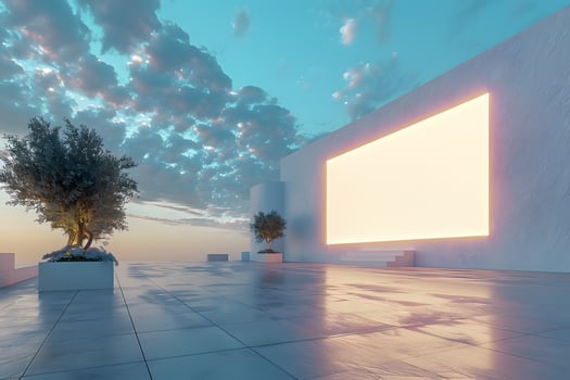A large screen in a white room with a tree in the middle photo