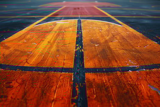 A close up of a basketball court with a wooden floor photo