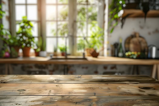 A wooden table in a kitchen with green potted plants photo