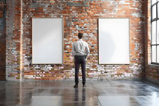 Man standing in front of brick wall with two blank posters photo