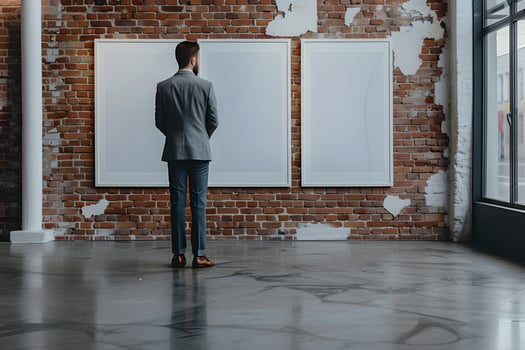 Man standing in front of brick wall with two blank white posters photo