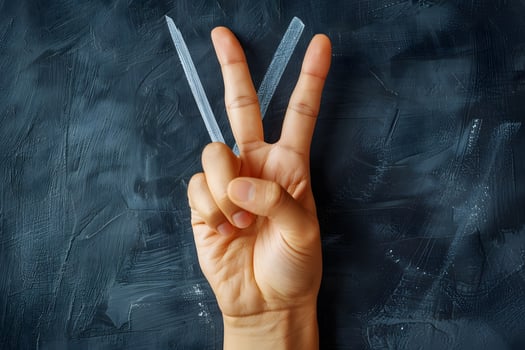Person holding scissors making peace sign photo