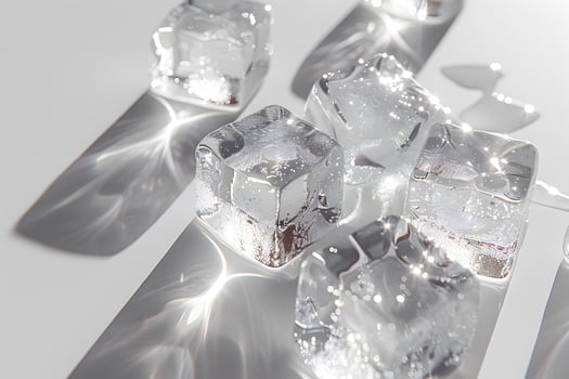 Many ice cubes on a table with a light shining through them photo