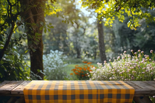 A table covered with a yellow checkered cloth photo