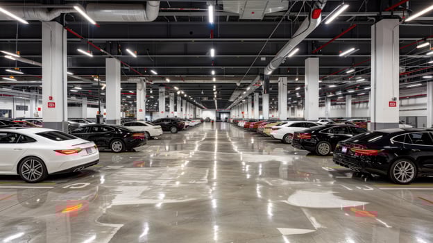 A large parking garage with many cars parked inside photo