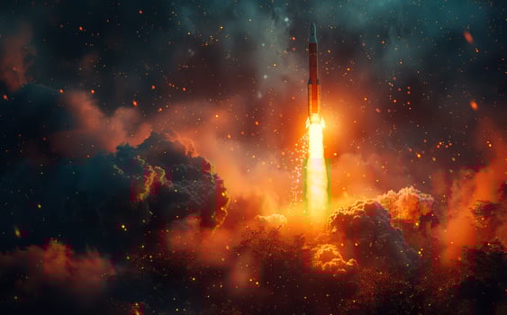 Rocket flies through the clouds with flames and smoke photo