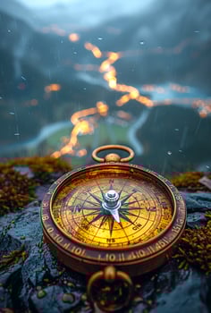 Vintage compass lies on the stones in the rain against the backdrop of blurred night city photo