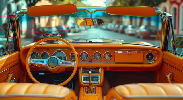 Orange retro car interior and dashboard on sunny day photo