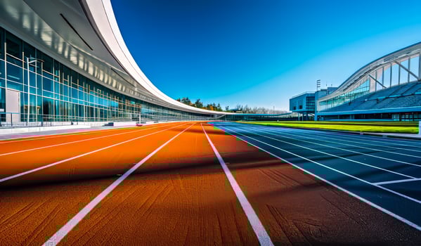 Red running track and modern buildings in the background photo