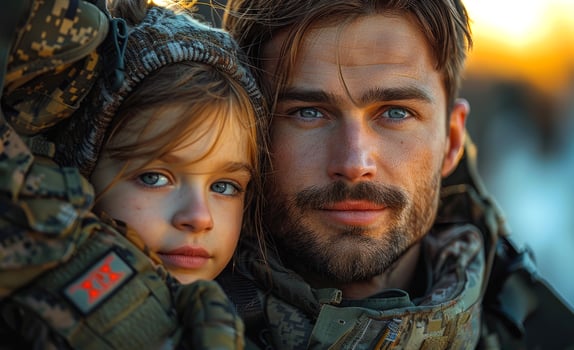 Portrait of young military man with his little daughter photo
