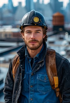 Portrait of young construction worker on construction site photo