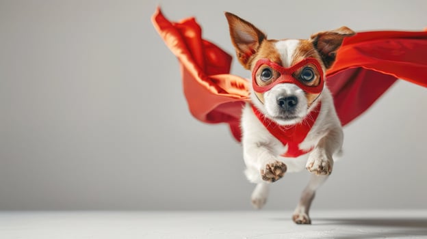 Jack Russell dog dressed as a superhero, wearing a red cape and mask, jumping and flying on a white background with space for text. Superdog, leader, and funny animal concept captured photo