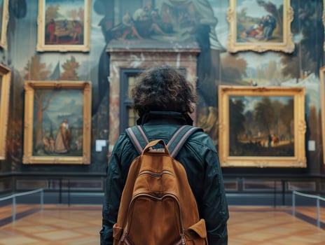 Back of an adult person looking at renaissance style paintings in an old museum art gallery photo
