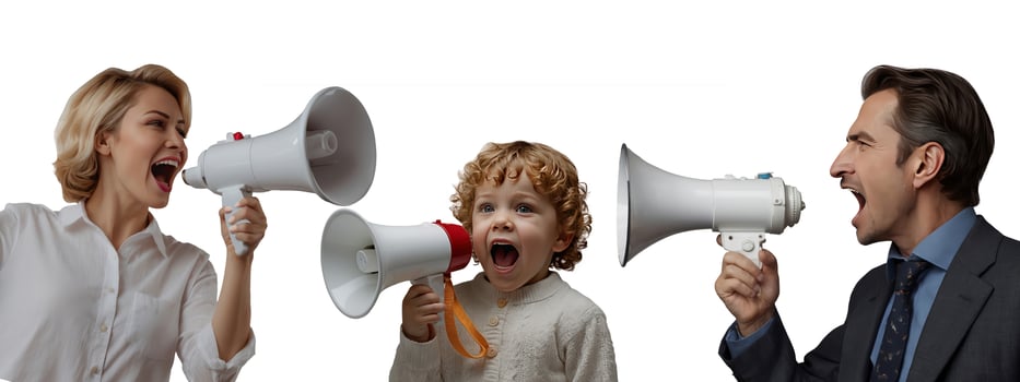 A woman, a child of about 5 years old and a man in business clothes are holding a megaphone and shouting. Concept of conflict. Set of people with megaphones photo