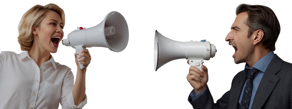 Young woman and man with business attire holding a megaphone and yelling. Concept of conflict photo