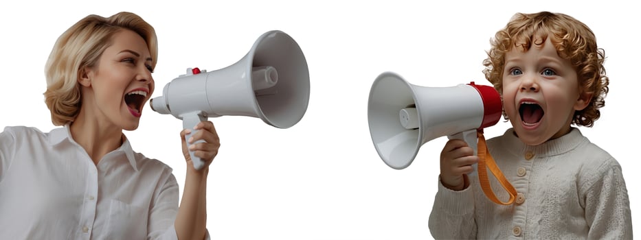 The concept of parent-child miscommunication with children. Woman and child with megaphones. photo