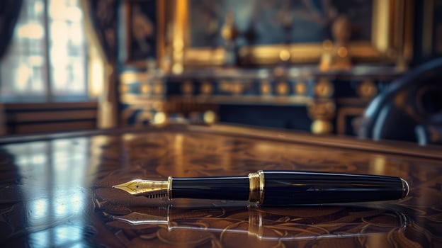 Classic gold and black luxury fountain pen on brown wooden table in a Victorian style old fancy room photo