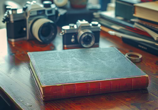 Vintage Cameras and Leather-Bound Book on Wooden Desk photo