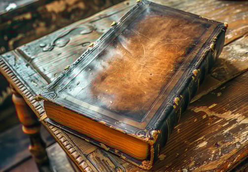 Aged Leather-Bound Book on Rustic Table photo