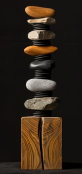 An aesthetically pleasing sculpture featuring stones stacked on a wooden base against a black backdrop, displayed vertically. The artwork in a minimalist style. Phone wallpaper photo
