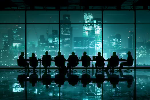 Nighttime Business Meeting in Modern Office Overlooking Cityscape - Corporate Setting for Print, Card, Poster Design photo